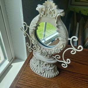 VTG Victorian Style Vanity Table Mirror heavy resin w/ whitewash French Country